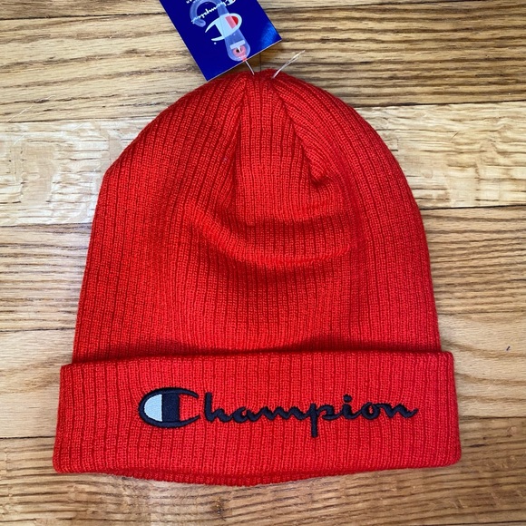 Champion Mens red Script logo Beanie Hat O/S NWT - Picture 1 of 2
